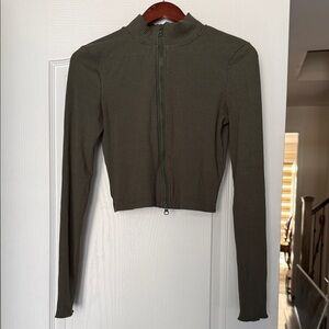 Olive Green Ribbed Zip-Up Women's Top